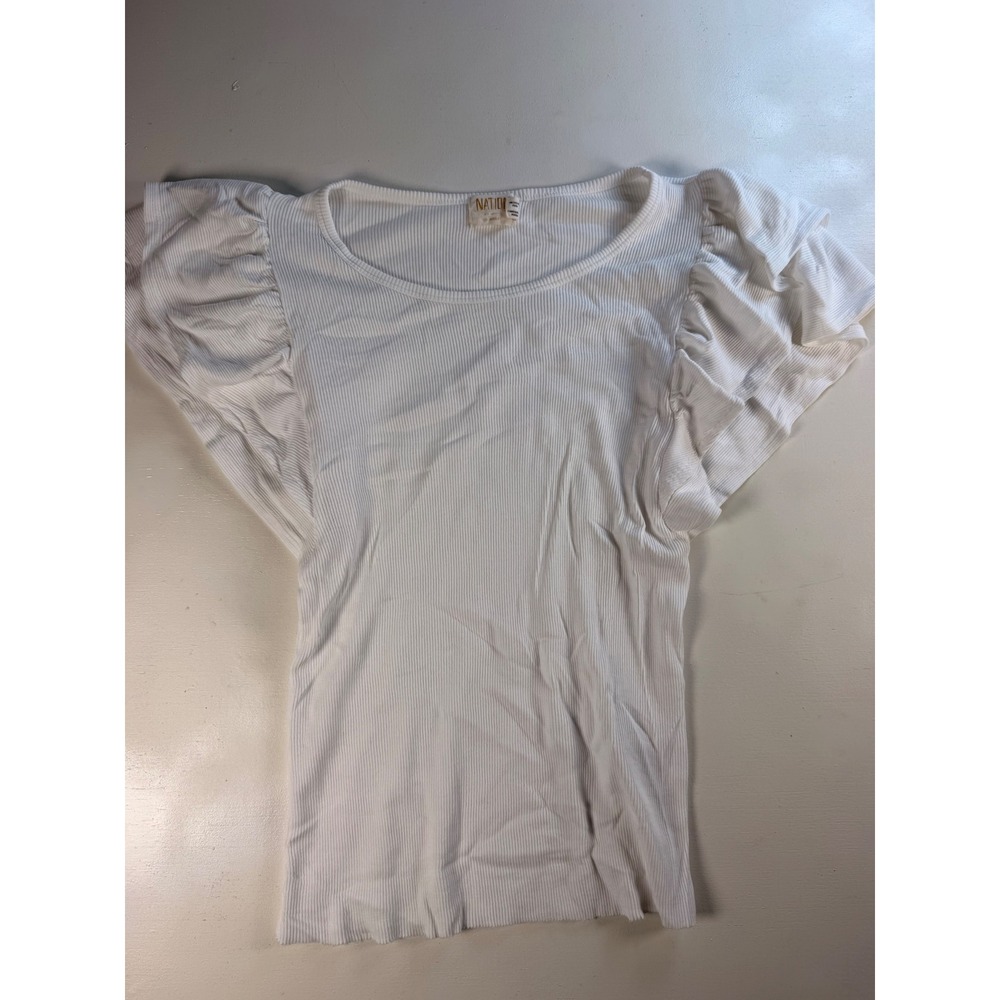 Nation LTD Ruffle Sleeve Top Women Small White Excellent Ribbed Flutter Scoop